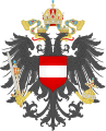 Kleines Wappen der österreichischen Länder ab 1915: der Bindenschild auf der Brust des Doppeladlers, mit Rudolfskrone und Zepter (Reichskleinodien) – Cisleithanien