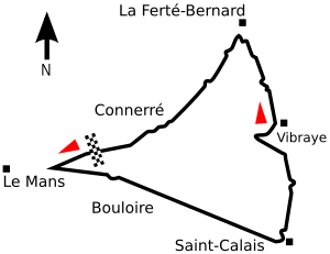 A roughly triangular track, with Le Mans at the western corner, La Ferté-Bernard at the north-east corner and Saint-Calais at the south-east corner. The track begins on the north-west side, and travels anti-clockwise.