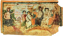 Ancient painted manuscript showing Zeus, crowned at the left, and the other gods seated on thrones.