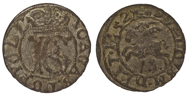 File:Lithuanian Shilling of Jonas Kazimieras Vaza with his monogram and Lithuanian Vytis (Waykimas), 1652.jpg