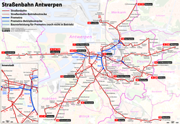 Plan du réseau actuel de tramway d'Anvers.