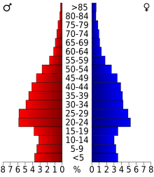 Schéma représentant la population du comté, par tranche d'âge. En rouge, à gauche, les femmes, en bleu à droite, les hommes.