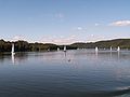 Segler auf dem Baldeneysee, Blick von Heisingen in Richtung Wehr in Werden