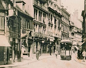 A tram in the Main Street (Grand Rue) of Besançon (post card 1905)