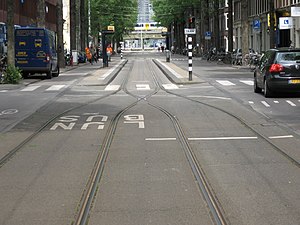 Netherlands: short section of gauntlet track at the line 7 stop in Czaar Peterstraat in Amsterdam