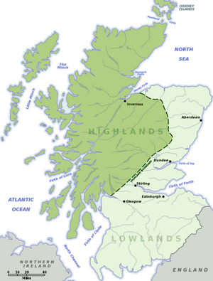 Karta škotske geografske podjele na Highlands i