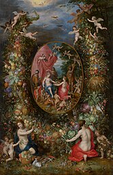 Garland of Flowers around an Allegory of Farming, by Jan Brueghel the Elder and Hendrick van Balen the Elder, 1615, oil on panel, Mauritshuis, The Hague, the Netherlands