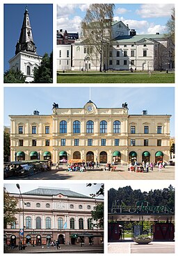 Från vänster: Karlstads domkyrka, Karlstads teater, Karlstads rådhus, Frimurarelogen och Mariebergsskogen