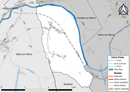 Carte en couleur présentant le réseau hydrographique de la commune