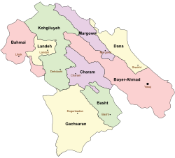 Location of Charam County in Kohgiluyeh and Boyer-Ahmad province (center, purple)