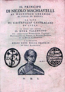 Omslag van Machiavelli's Il Principe en La Vita di Castruccio Castracani da Lucca uit 1550.