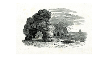 A wood engraving of Marsden Rock by Thomas Bewick, created in 1798 and published in A History of British Birds (1804).