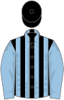 Black and light blue stripes, light blue sleeves, black cap