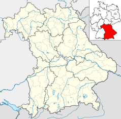 Mapa konturowa Bawarii, po prawej nieco na dole znajduje się punkt z opisem „Bad Griesbach im Rottal”