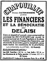 Encart publicitaire dans Le Populaire pour un texte de Francis Delaisi, Les financiers et la démocratie publié par Le Crapouillot. (novembre 1936).