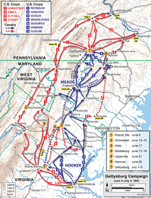 A map showing Union and Confederate movements at the corps level during the opening phases of the Gettysburg Campaign, with Stuart's cavalry ride shown with a red dotted line.