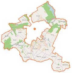 Mapa konturowa gminy wiejskiej Brodnica, u góry po prawej znajduje się punkt z opisem „Tama Brodzka”