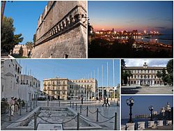 A collage of Bari, Top left:Swabian Castle, Top right:Night in Pane e Pomodoro Beach, Bottom left:Ferrarese Square, Bottom upper right:Bari University in Andrea da Bari street, Bottom lower right:View of Punta Perotti seaside area