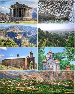 Landmarks of Garni, from top left: Garni Temple • Symphony of Stones Garni Gorge • Khosrov Forest Reserve Surb Astvatsatsin Church  • Mashtots Hayrapet General view of Garni