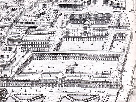 Percier and Fontaine's perspective of the proposed Louvre viewed from the west . Inspiration for the later Visconti work.