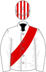 White, red sash, striped cap