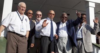 Bob Feller, Ozzie Smith, Bruce Sutter, Reggie Jackson, Hank Aaron and Rickey Henderson wave to the crowd on the porch of Hank Aaron boyhood home at the dedication ceremony at the Hank Aaron Boyhood LCCN2010638100.tif