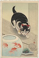 小原古邨「猫と金魚」 1931年（昭和6年）