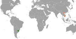 Map indicating locations of Uruguay and Vietnam