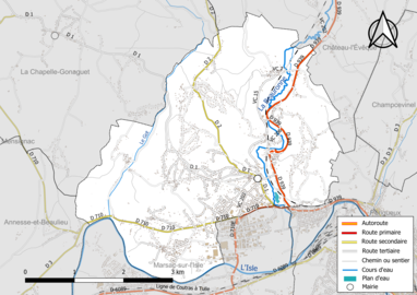 Carte en couleur présentant le réseau hydrographique de la commune