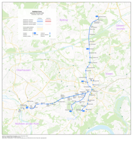 Netwerkkaart van de Tramnet van Essen, Mülheim en Oberhausen