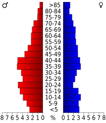 Schéma représentant la population du comté, par tranche d'âge. En rouge, à gauche, les femmes, en bleu à droite, les hommes.