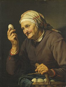 Old woman selling eggs label QS:Len,"Old woman selling eggs" label QS:Lpl,"Stara kobieta sprzedająca jajka" label QS:Lnl,"De eierenkoopvrouw" 1632. oil on canvas medium QS:P186,Q296955;P186,Q12321255,P518,Q861259 . 76 × 58 cm (29.9 × 22.8 in). Amsterdam, Rijksmuseum Amsterdam.