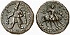 비마 카드피세스의 동전. 오른쪽의 동전 뒷면에 새겨진 인물은 오에쇼/시바,[70][71][78] 또는 조로아스터교의 바유라고 추정된다.[79]
