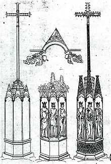 Reproduction d'une gravure montrant trois montjoies