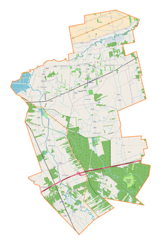 Mapa konturowa gminy Nieborów, blisko centrum u góry znajduje się punkt z opisem „Bednary”