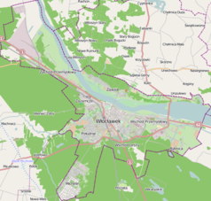 Mapa konturowa Włocławka, blisko centrum na dole znajduje się punkt z opisem „Stadion OSiR-u”