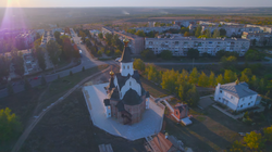 The Holy Transfiguration Church of Soledar and surrounding buildings, pictured in April 2022