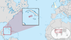  केमन द्वीपसमूह  (circled in red) की अवस्थिति