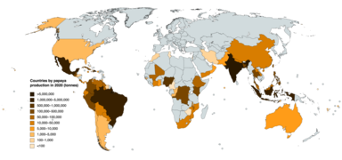 Countries by papaya production in 2020.png