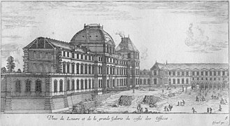 West façade of the Louvre with Jacques Lemercier's northward extension and the ground-floor walls of Pavillon de Beauvais in the foreground; engraving c.1644 by Israël Silvestre