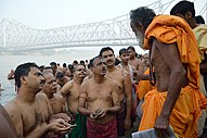 Tarpana is being done at the Jagannath Ghat, Kolkata.