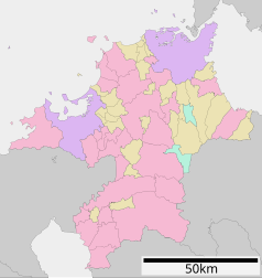 Mapa konturowa prefektury Fukuoka, w centrum znajduje się punkt z opisem „Powiat Yasu”