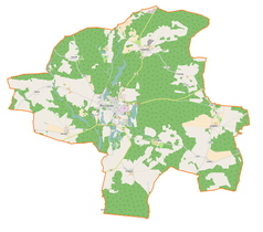 Mapa konturowa gminy Ośno Lubuskie, po lewej znajduje się owalna plamka nieco zaostrzona i wystająca na lewo w swoim dolnym rogu z opisem „Grzybno”