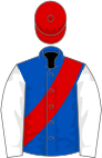 Blue, red sash, white sleeves, red cap