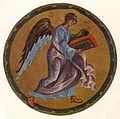 The Angel of Matthew, Andrei Rublev's only known miniature, from the Khitrovo Gospels, c. 1400, containing full-page evangelist portraits and the first Russian full-page symbols.