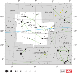 Diagram showing star positions and boundaries of the Gemini constellation and its surroundings