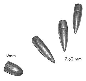 Exemplares de balas de fuzil (7,62 mm) e de armas curtas (9 mm)