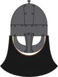 Yarm helmet (10th century) drawing with a hypothetical enclosed aventail with loose front