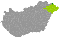 Záhony District within Hungary and Szabolcs-Szatmár-Bereg County.