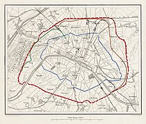 Sobre el plano de París de 1859 se dibuja el trazado del mur des Fermiers généraux (en azul) y las fortificaciones de Thiers (en rojo).